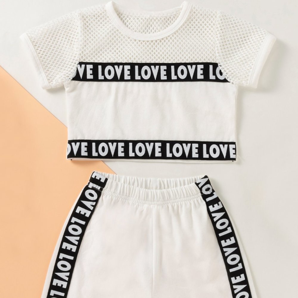 White Love Print Mesh T-Shirt & Shorts 2pcs Baby Outfit